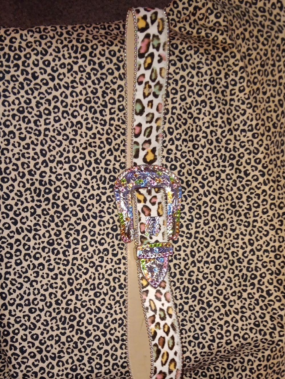 B.B. Simon Leopard Print Belt with Multicolor Rhinestone Buckle